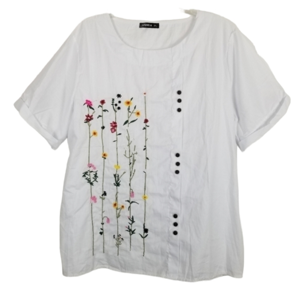 Izuria White Short Sleeve Pop Over Top Shirt Embroidered Flowers Button Size 2XL